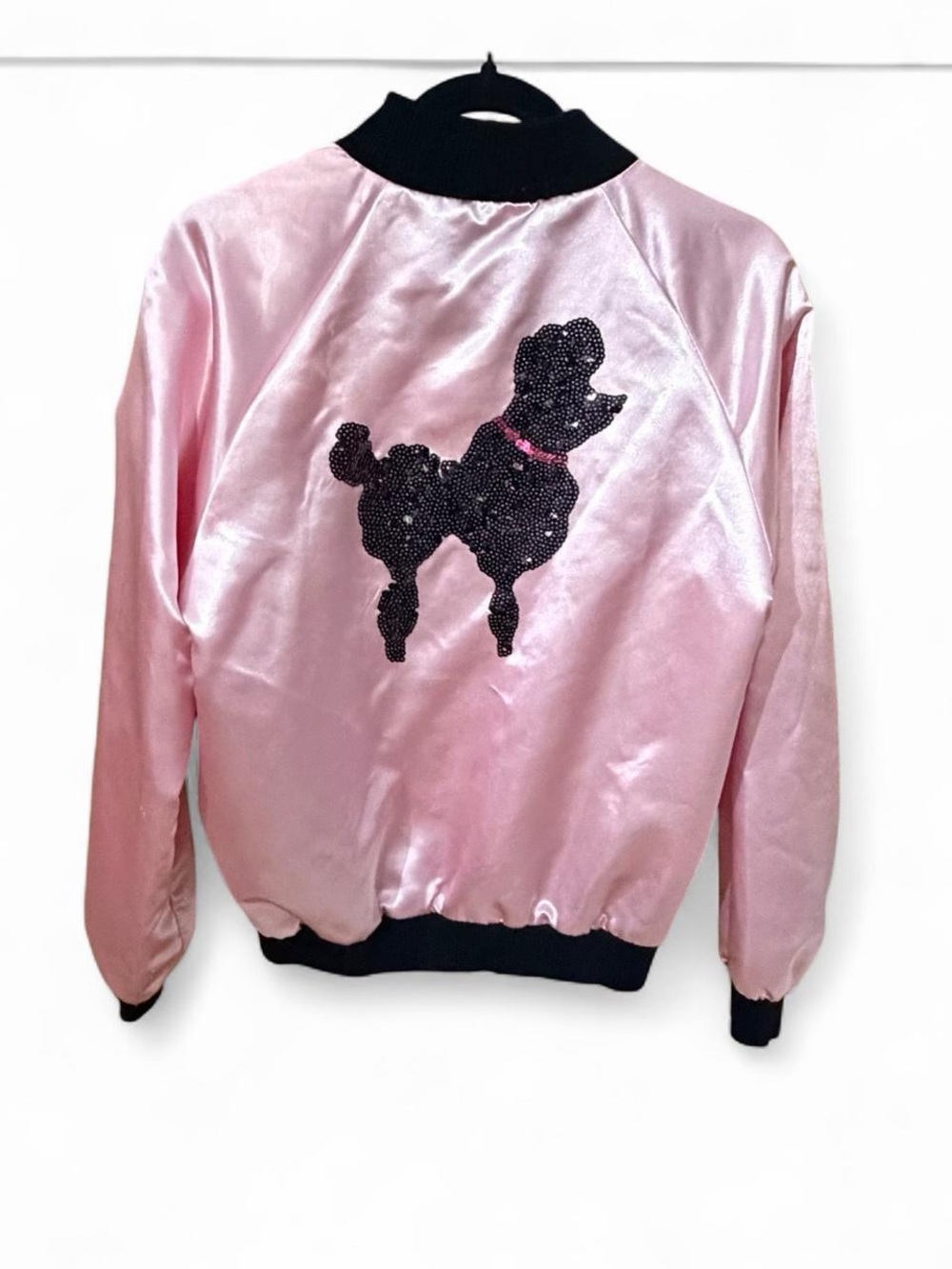 Pink Satin Bomber Jacket with Black Sequin Poodle
